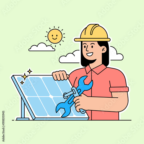 Flat Vector Solar Panel Installation Worker Scene