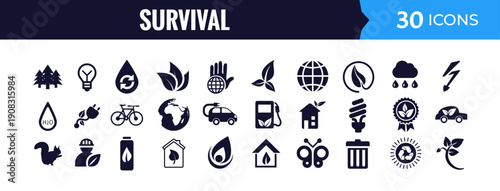Survival and resilience icon set for emergency preparedness, resource management, and outdoor activities, featuring natural elements and tools.