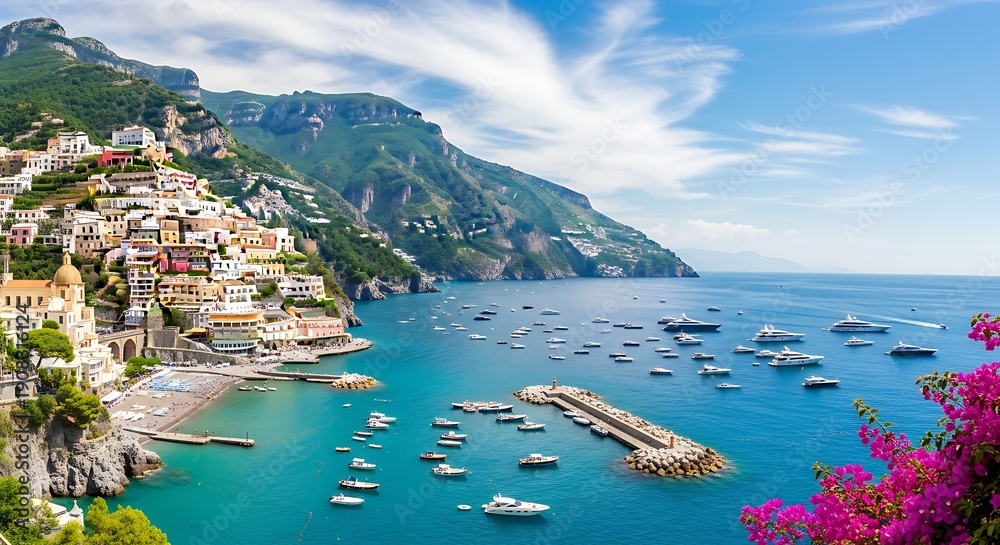 Fototapeta premium Scenic Amalfi Coast Town with Boats in Turquoise Sea