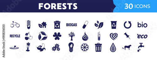 Forest and nature icons set for woodland environments, conservation, and ecological themes, featuring trees, plants, and recycling symbols.