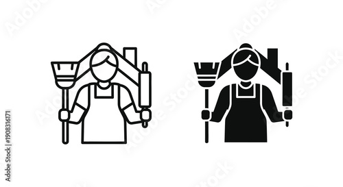 This image depicts two black and white line art icons of a female baker holding baking tools
