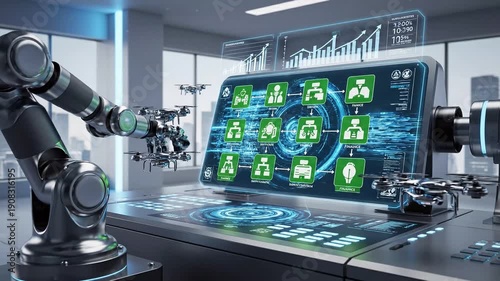 Wallpaper Mural Futuristic AI Automation Concept with Robotic Digital Elements and Business Workflow Icons, Artificial Intelligence Improving Productivity, Realistic 4K Video Torontodigital.ca