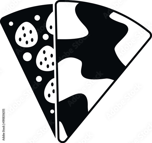 Two folded crepes representing savory pepperoni and sweet cow pattern food