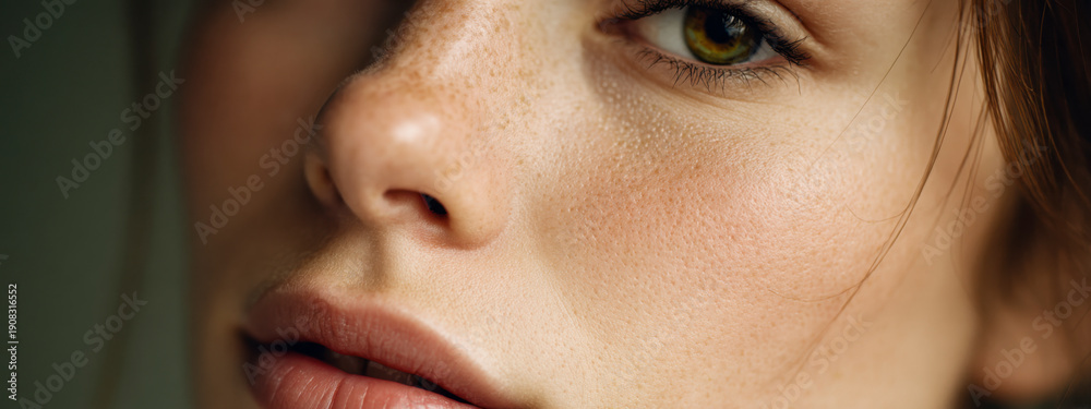Fototapeta premium Close-Up Portrait of a Young Woman with Freckles in Natural Light