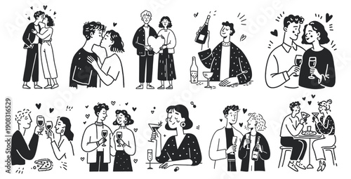 Valentine love couple doodle illustrations of romantic people kissing drinking and celebrating together