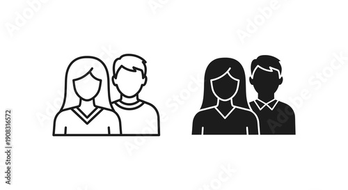 Simple black and white icon set depicting pairs of people a man and a woman in profile