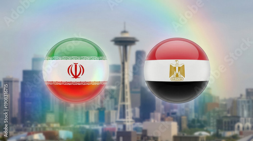Illustrated spheres with Iran and Egypt flags symbolizing an international soccer match set against the Seattle skyline.