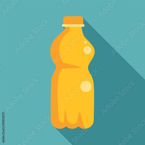 Plastic bottle containing orange flavored fizzy drink with flat design shadow