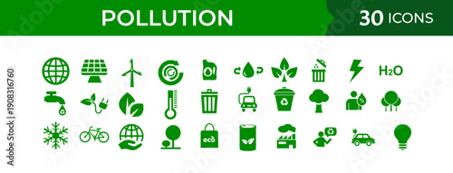 Pollution and environmental protection icons for air, water, and land pollution, plus solutions like solar energy and recycling