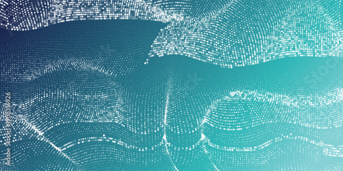 Abstract dotted halftone texture fading from white to teal and deep blue in vertical gradient