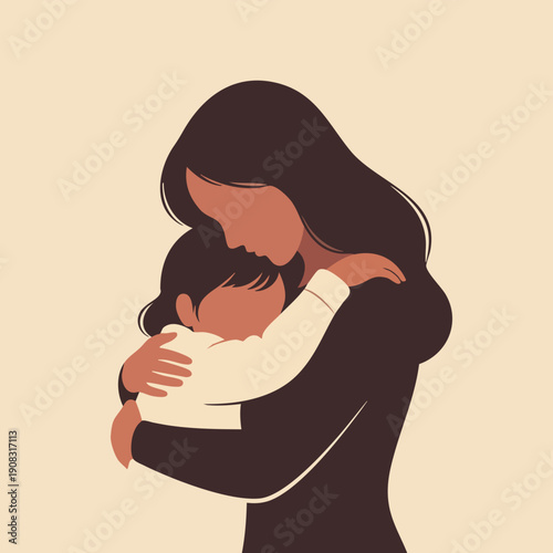 A heartwarming Mother's Day moment, a mother tenderly embracing her child in a warm and intimate illustration from a side viewpoint