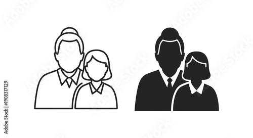 Two versions of a simple black and white icon depicting a man and a woman together facing forward