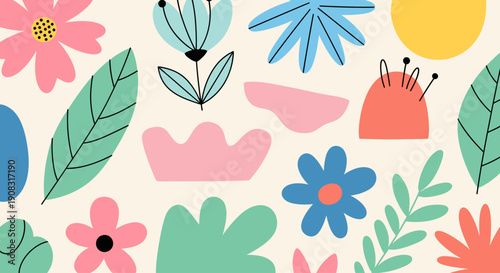 Colorful floral pattern with leaves, flowers, and sewing elements on a seamless background from a top view