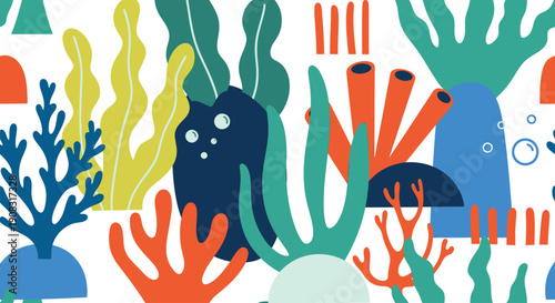 Vibrant underwater scene with coral, seaweed, and fish, viewed from above, showcasing oceanic elements and marine life in a lively illustration