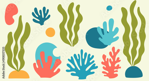 Underwater Scene with Coral and Seaweed Illustrations from a Top-Down Viewpoint