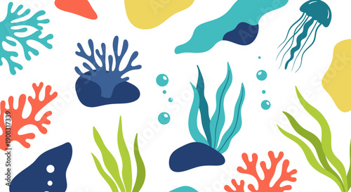 Underwater scene with jellyfish, coral, and seaweed in a vibrant ocean environment from a top-down viewpoint