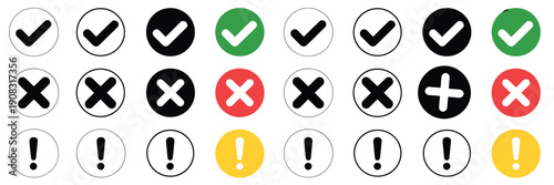 Collection of colorful checkmarks crosses exclamation points and plus signs