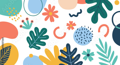 Vibrant floral and foliage elements arranged in a lively illustrative composition from a direct overhead viewpoint