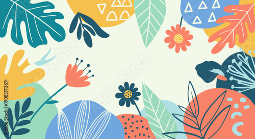 Vibrant floral arrangement with diverse leaves and flowers in a colorful botanical display