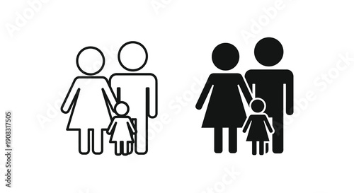 A simple black and white illustration depicts two family icons one outlined and one filled high quality professional