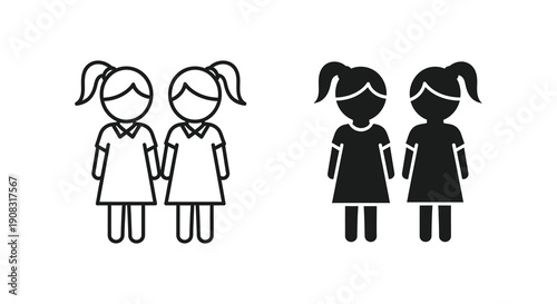 This image displays two sets of simple black and white illustrations depicting pairs of young girls side by side high quality professional