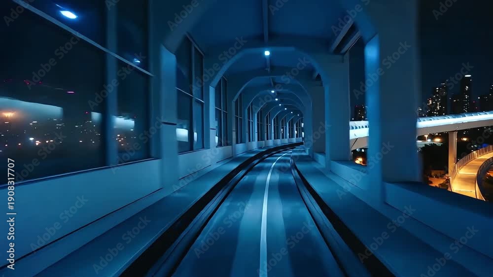custom made wallpaper toronto digitalFuturistic elevated train track at night with glowing blue lights and city skyline in the background.