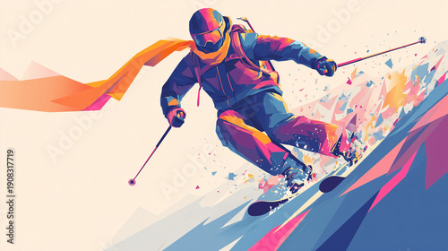 Vector illustration of alpine skier in minimalist flat design with pastel palette and clean lines