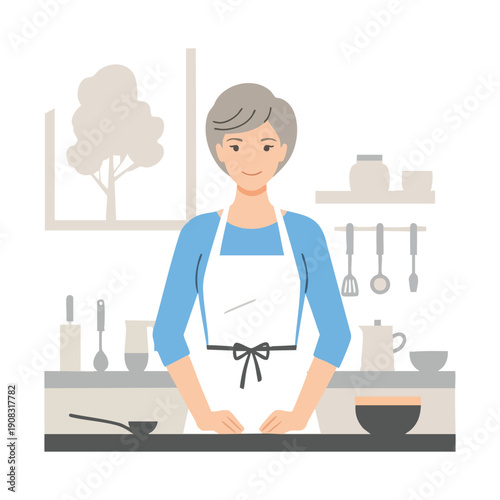 A grandmother cooking in the kitchen on Mother's Day, surrounded by utensils and appliances, viewed from the front
