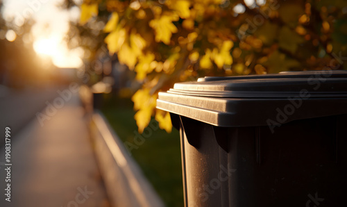 Autumn Serenity: Trash Can Beside Sidewalk During Golden Hour