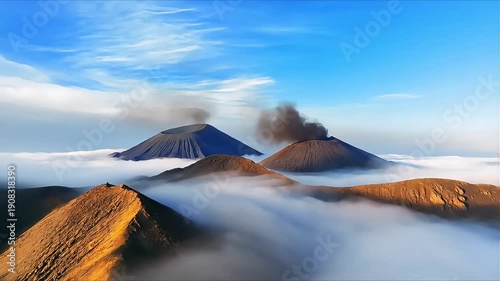 Wallpaper Mural Majestic volcanoes erupting smoke above a sea of clouds at sunrise, a breathtaking natural landscape. Torontodigital.ca
