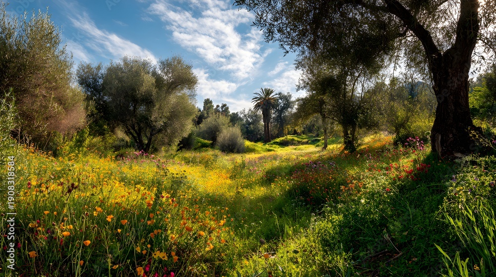 Obraz premium Vibrant Meadow Under a Dramatic Sky with Olive Trees.