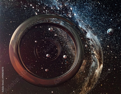 Abstract cosmic scene with swirling rings and distant galaxy