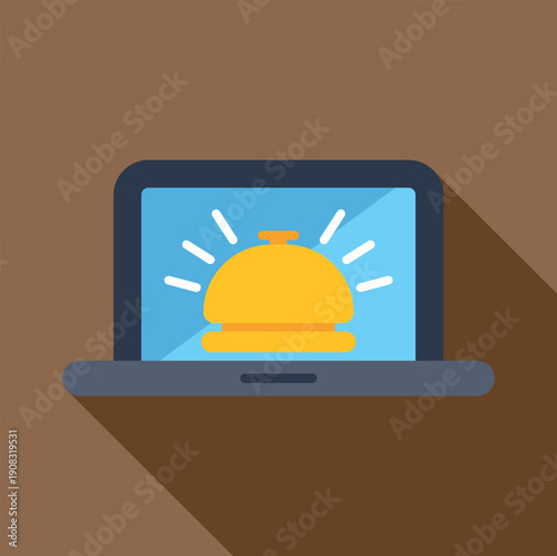 Laptop displaying hotel service bell icon for online reservation and hospitality support