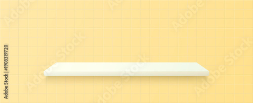 Tile pattern kitchen with yellow bathroom mosaic and shelf background wall. Yello color modern with floor pool square ceramic. Geometric interior tile with product scene, vector pixel illustration.