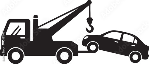 Black tow truck lifting a car with a hook on a white background also transparent background crane