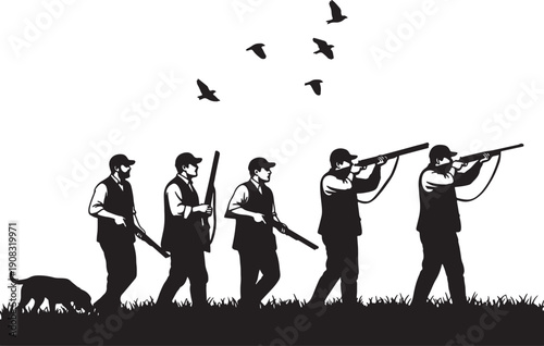 Five hunters with shotguns and a dog in silhouette against a white sky with birds flying also transparent background