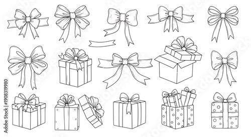 Hand-drawn gifts and bows for festive occasions, offering a simple and elegant decorative element