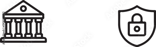 A simple black and white illustration depicts a classical building and a shield with a padlock