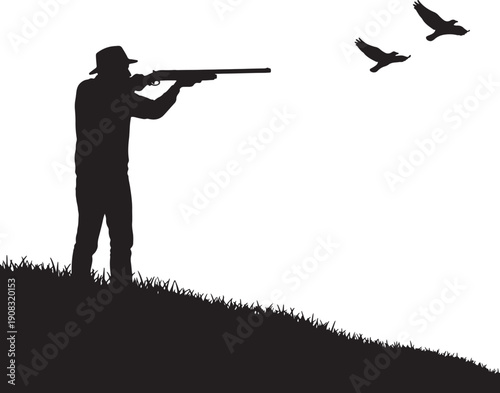 Silhouette of a hunter aiming a rifle at birds in flight over grassy terrain also transparent background
