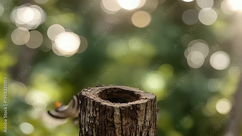 custom made wallpaper toronto digitalA small woodpecker clings to the side of a tree stump, its body angled towards the hollow opening.