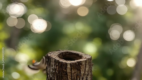 Wallpaper Mural A small woodpecker clings to the side of a tree stump, its body angled towards the hollow opening. Torontodigital.ca