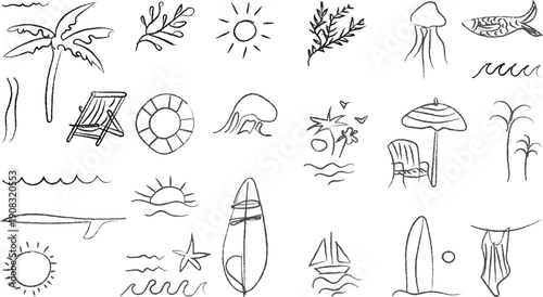 A collection of beach icons and symbols drawn in a simple line style on a white background
