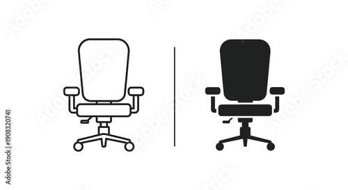 A minimalistic depiction showcases two views of an office chair a line drawing and a solid silhouette