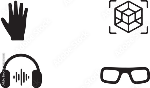 A minimalistic depiction showcasing a hand cube headphones and glasses in black silhouettes high quality professional detailed