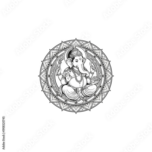 Ganesha Mandala Outline Art with Dotwork Shading, Hindu God Sketch