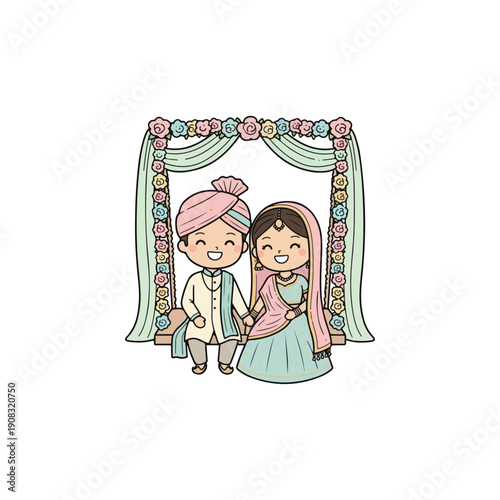 Chibi Indian Wedding Couple Sitting Under Floral Mandap Illustration