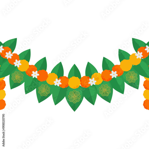 Indian Marigold Toran Garland with Green Leaves and White Flowers