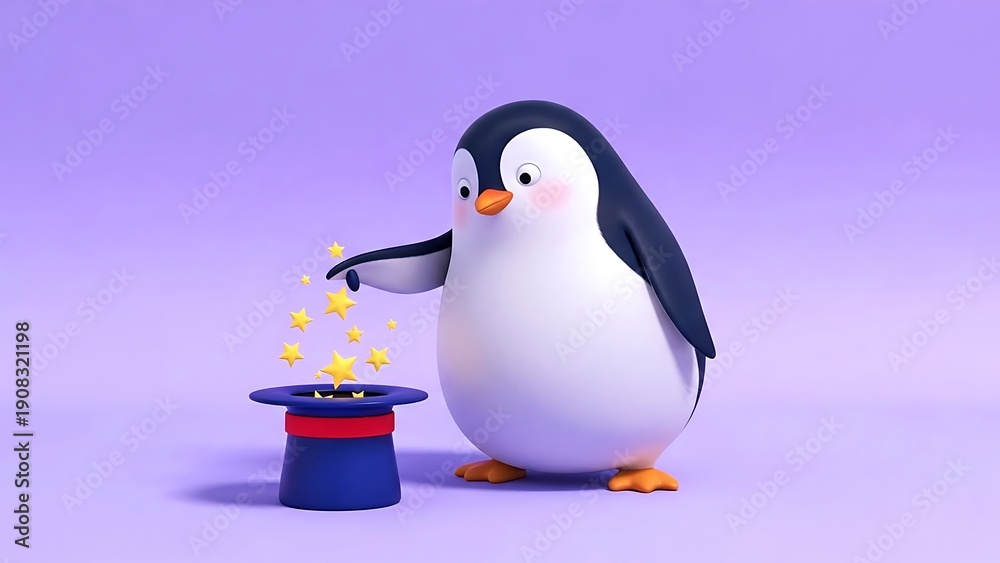 Obraz premium Cute Penguin Performing Magic Trick with Stars and Hat for Whimsical Fun and Imagination Concept