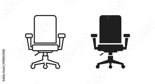 Two contrasting depictions of an office chair are presented a line drawing and a solid black silhouette