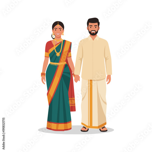 South Indian Couple Holding Hands in Traditional Saree and Dhoti Attire